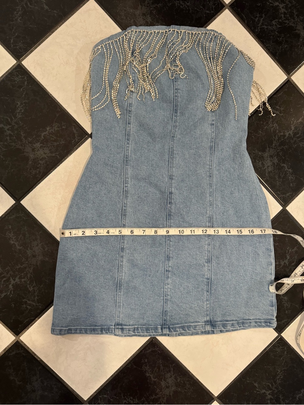12th Tribe Denim Mini Dress with Rhinestone Fringe - Picture 4 of 7